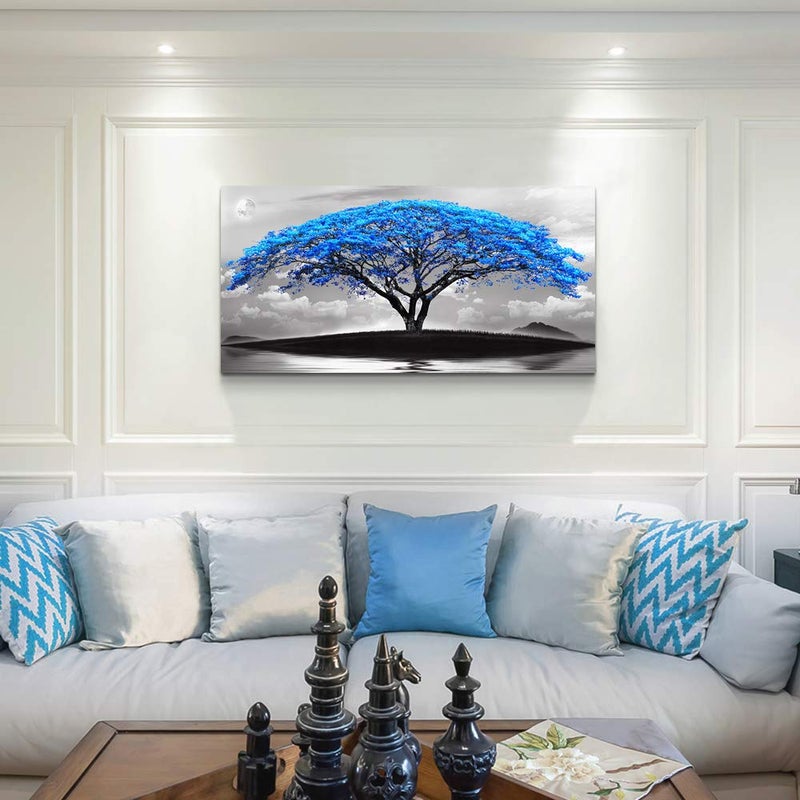 TTHYUEWS canvas wall art for living room bathroom Wall Decor Black and white landscape Blue tree moon painting to Hang Home Decorations for office bedroom kitchen Works canvas Prints pictures 24" x 48"inch - Image 5